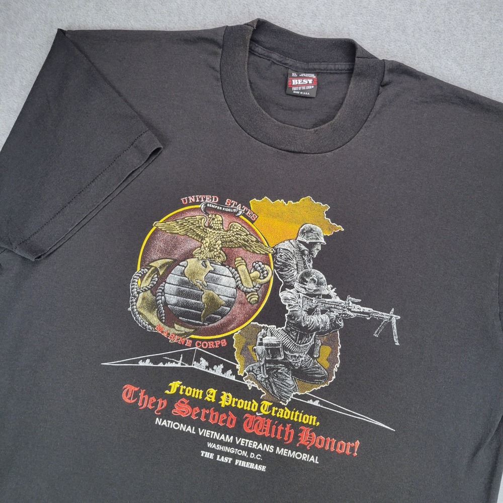 Fruit of the Loom Vietnam Veterans Memorial USMC T-Shirt Mens XL Black Vintage
